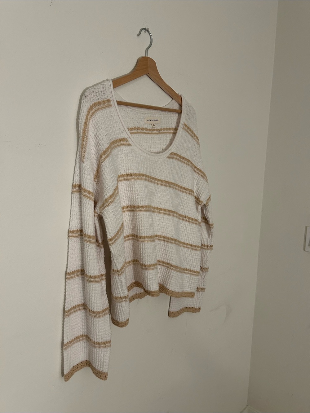 Lucky Brand White & Beige Striped Knit Scoop Neck Pullover Sweater Size L